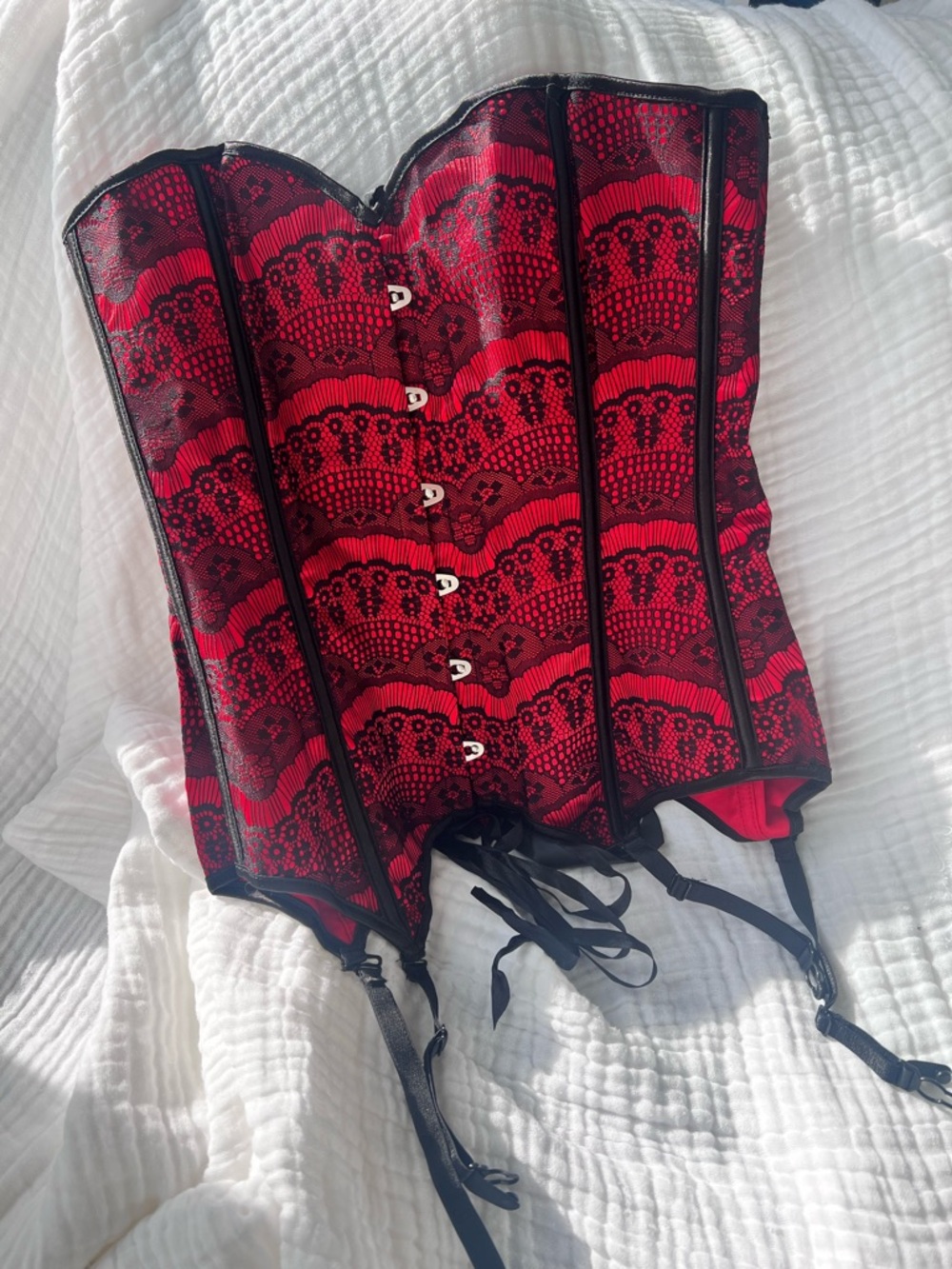 Y2K Red Black Lace Corset Bustier Top Garter Hook Front Vintage Lingerie